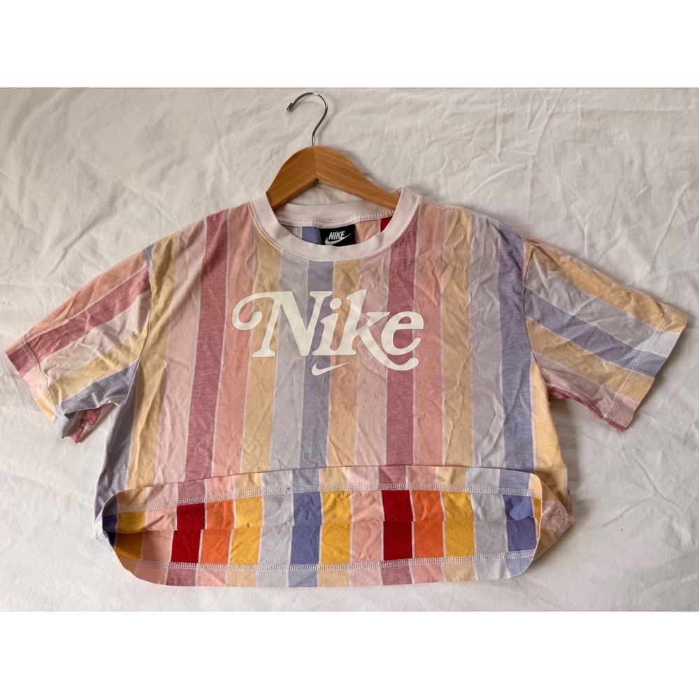 Nike Striped Crop Top Womens Pastel Multi Color Script Logo Cotton Tee small